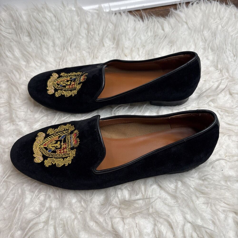 Jon Josef Black Velvet Gatsby Shield Emblem Leather Loafers Flats Shoes Size 7.5 - Picture 2 of 16